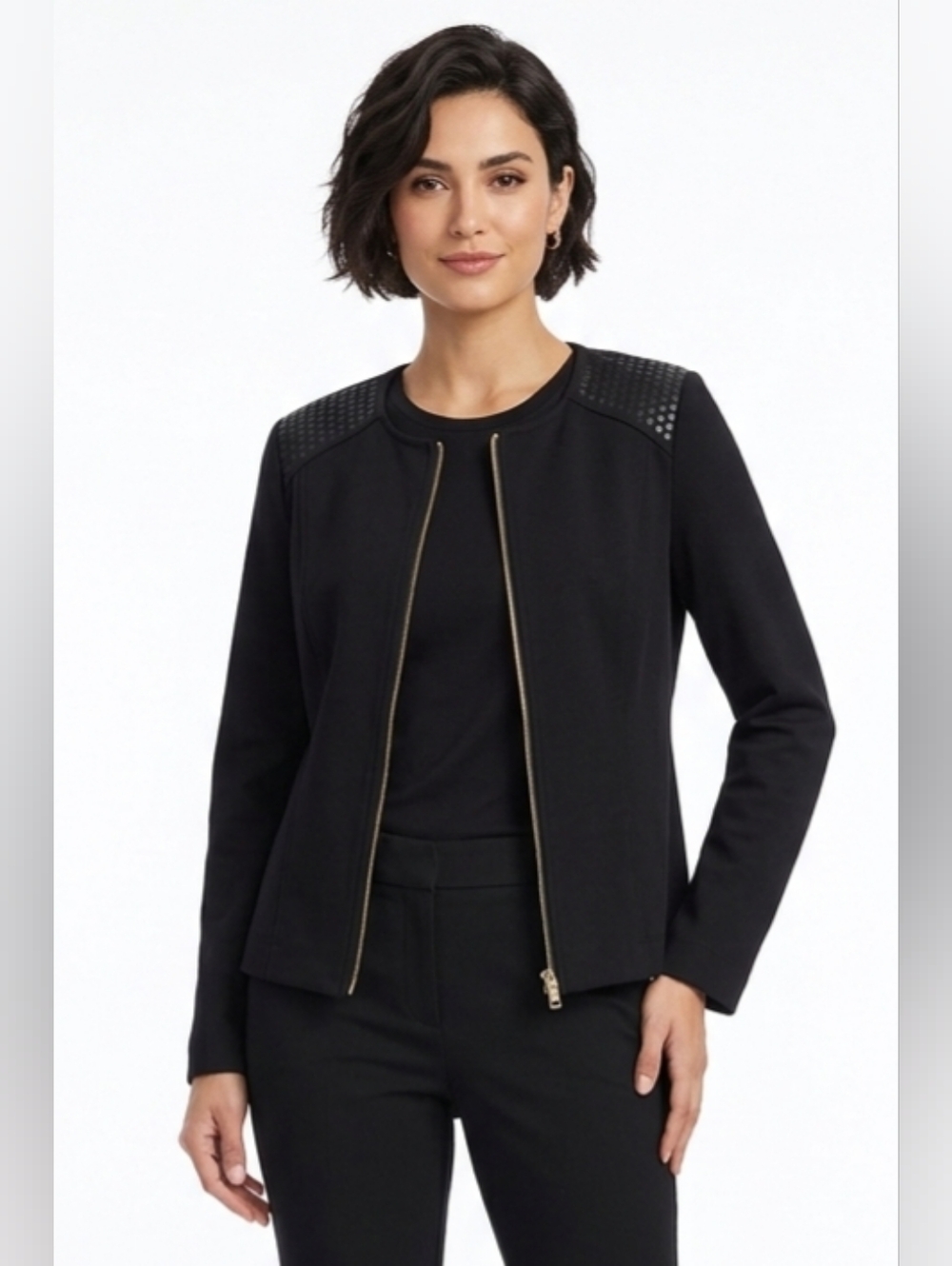 Mark New York Andrew Marc Black Zip-Front Jacket with Studded Shoulders Size M
